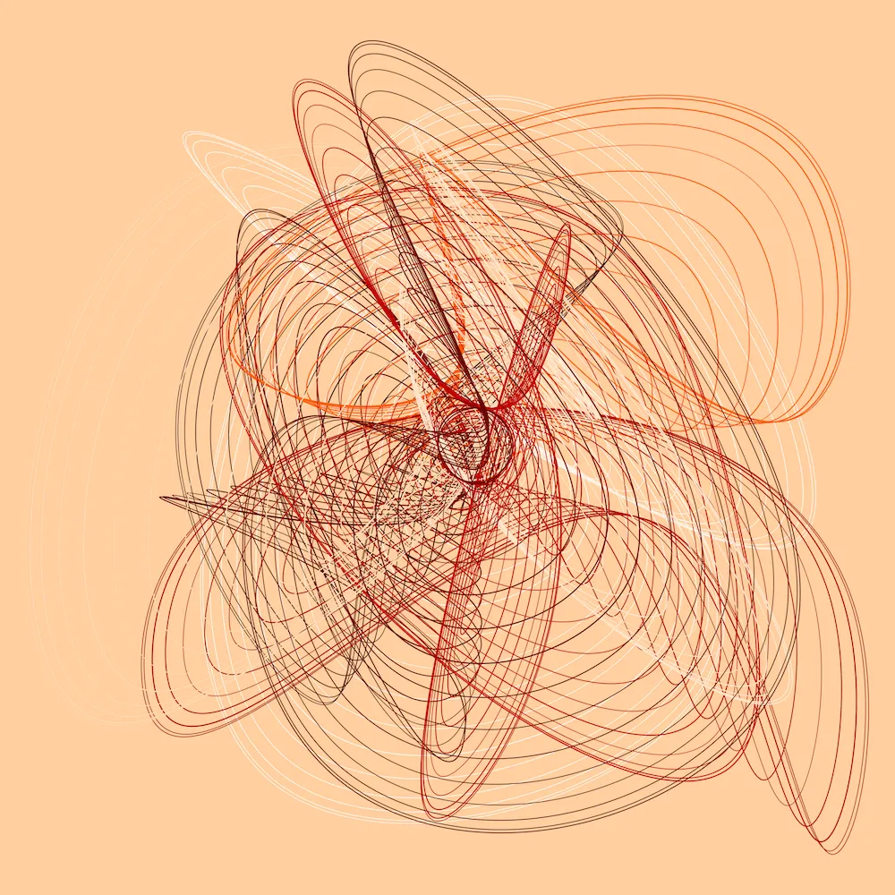 SELMBNIY, generative drawing, gist_heat colorway, Alu-dibond print under acrylic, 16" × 16"